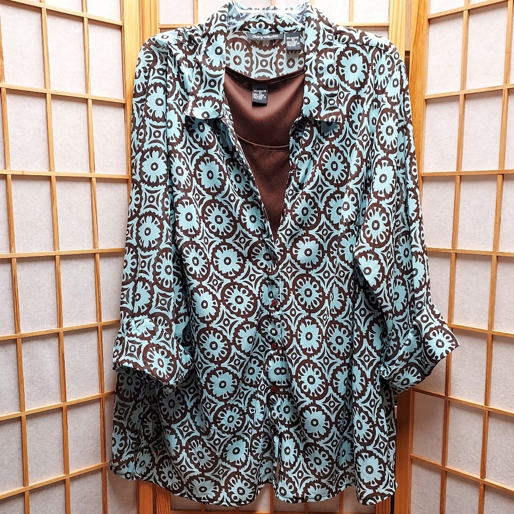 🔮 Club Z Collection boho groovy floral button down 2 piece blouse women's 2X/3X